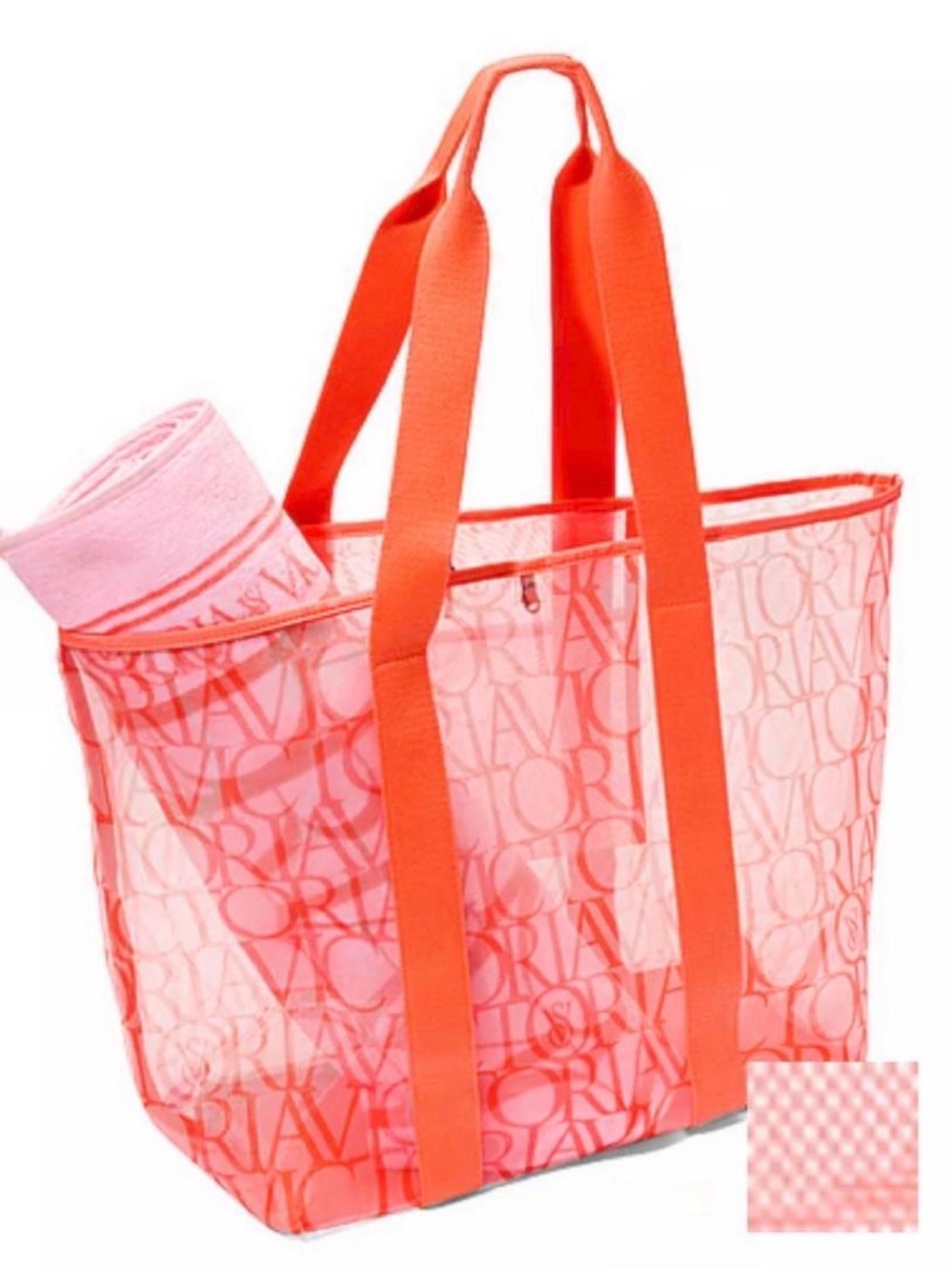 Victoria's Secret✨🧡💛Coral Logo Mesh Tote with Matching Towel set